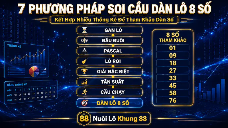 Các phương pháp soi cầu dàn lô 8 số gồm gan lô, đầu đuôi, Pascal, lô rơi, giải đặc biệt, tần suất và cầu chạy
