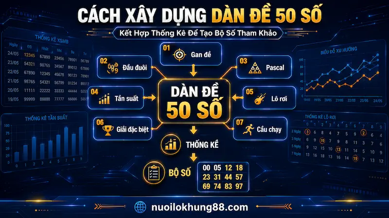 Sơ đồ minh họa các phương pháp xây dựng dàn đề 50 số gồm gan đề, đầu đuôi, Pascal, tần suất, lô rơi, giải đặc biệt và cầu chạy