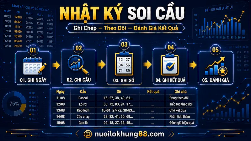 Nhật ký soi cầu với quy trình ghi ngày, ghi cầu, ghi số, ghi kết quả và đánh giá